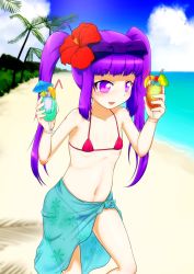 1girl 3.1-tan akai_(riaakai) beach bikini blush bow breasts collarbone day drink female_focus flower hair_bow hair_flower hair_ornament hibiscus highres holding holding_drink long_hair micro_bikini navel ocean open_mouth os-tan outdoors palm_tree purple_bow purple_eyes purple_hair sarong small_breasts solo standing swimsuit tree twintails water  rating:Questionable score:17 user:SnowDog