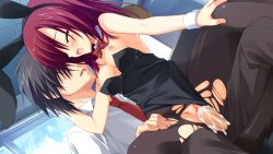  1boy 1girl animal_ears arm_up bare_shoulders black_hair blush bow bowtie breasts brown_pantyhose chitose_haruki clothed_sex clothing_aside cloud cuffs cum cum_in_pussy detached_collar dress_shirt dutch_angle faceless faceless_male fake_animal_ears game_cg girl_on_top green_eyes hand_on_own_knee hand_on_thigh hetero indoors karasuba_yukari kobuichi legs leotard leotard_aside long_hair looking_away necktie nipples open_fly open_mouth pantyhose penis playboy_bunny pussy pussy_juice rabbit_ears red_hair reverse_cowgirl_position sex sex_from_behind shirt short_hair sitting small_breasts solo_focus spread_legs straddling sweat teacher teacher_and_student tenshinranman third-party_edit torn_clothes torn_legwear uncensored vaginal window wrist_cuffs 