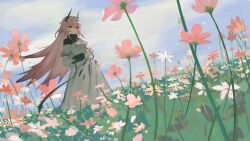  1girl absurdres arin_(aaua8438) arknights black_horns chinese_commentary closed_mouth commentary_request day dress dutch_angle field flower flower_field hair_between_eyes highres horns layered_sleeves long_hair long_sleeves looking_at_viewer material_growth oripathy_lesion_(arknights) outdoors pink_eyes pink_flower pink_hair plant signature sketch solo standing theresa_(arknights) white_dress wind 