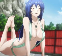 1girl :d arm_support bare_legs bare_shoulders barefoot bikini blue_hair blurry blush body_blush breasts brown_eyes collarbone depth_of_field feet female_focus fence hair_between_eyes hair_intakes jewelry large_breasts legs legs_up long_hair looking_at_viewer maken-ki! nijou_aki o-ring o-ring_bikini o-ring_bottom on_ground open_mouth outdoors pendant rock screencap shiny_skin slingshot_swimsuit smile soles solo stitched sweat swimsuit takami_akio thighs third-party_edit toes tree rating:Questionable score:69 user:vincaddo