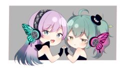  2girls :&lt; :d bare_shoulders black_dress black_gloves black_hairband black_hat blue_eyes brown_eyes chibi closed_mouth commentary cropped_torso dress fang fingerless_gloves from_side gloves gradient_hair green_hair grey_background hair_between_eyes hairband hat hatsune_miku heterochromia leaf long_hair looking_at_viewer looking_to_the_side magnet_(vocaloid) megurine_luka midorikawa_you mini_hat mini_top_hat multicolored_hair multiple_girls open_mouth smile star_(symbol) star_in_eye strapless strapless_dress symbol-only_commentary symbol_in_eye tilted_headwear top_hat twintails two-tone_background upper_body vocaloid white_background 