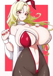  animal_ears blonde_hair breasts brown_pantyhose cleavage fake_animal_ears fake_tail feather_boa fur_collar goddess_of_victory:_nikke hand_on_own_chest highleg highleg_leotard huge_breasts leotard long_hair looking_at_viewer ludmilla_(nikke) midriff nail_polish navel pantyhose playboy_bunny rabbit_ears rabbit_tail red_eyes red_leotard red_nails see-through see-through_leotard smile strapless strapless_leotard tail wrist_cuffs yoonsun 