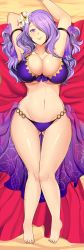 1girl bare_shoulders barefoot bikini blush breasts camilla_(fire_emblem) dakimakura_(medium) dimples_of_venus fire_emblem fire_emblem_if gluteal_fold hair_over_one_eye highres large_breasts long_hair looking_at_viewer nintendo purple_eyes purple_hair revolverwing shiny_clothes shiny_skin smile solo swimsuit underboob very_long_hair rating:Questionable score:60 user:YuukoLover