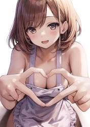  1girl absurdres apron bare_shoulders blush breasts brown_eyes brown_hair cleavage collarbone frilled_apron frills heart heart_hands highres jk-ff large_breasts looking_at_viewer naked_apron open_mouth original short_hair smile solo swept_bangs white_apron 