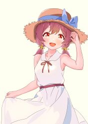  1girl :d absurdres alternate_costume bare_arms bare_shoulders blue_bow bow breasts commentary dot_nose dress hair_bow hand_up hat highres light_blush looking_at_viewer low_twintails medium_breasts medium_hair murosaki_miyo onii-chan_wa_oshimai! open_mouth pa_panahana red_eyes red_hair simple_background skirt_hold sleeveless sleeveless_dress smile solo straw_hat twintails white_dress yellow_background 