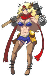  1girl abs axe battle_axe bikini bikini_top_only blonde_hair blue_bikini blue_hair boots breasts clenched_hand cutoffs full_body gauntlets hair_ornament head_wings licking_lips long_hair matsuda_yuusuke medium_breasts muscular original over_shoulder red_scarf scarf sexy_yuusha short_shorts shorts solo star_(symbol) swimsuit thigh_boots thighhighs tongue tongue_out weapon weapon_over_shoulder wings yuusha_to_maou 