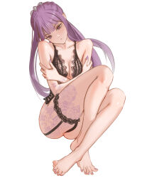  absurdres barefoot breasts crossed_arms crossed_legs feet fern_(sousou_no_frieren) highres lace mawaw purple_hair sitting small_breasts sousou_no_frieren tattoo white_background  rating:Sensitive score:47 user:Joylessly6967