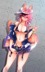  1girl animal_ear_fluff animal_ears bare_shoulders bikini black_bikini blue_jacket blue_shorts blush bracelet breasts cleavage closed_eyes closed_mouth collarbone fate/extra fate_(series) fox_ears fox_girl fox_shadow_puppet fox_tail hair_between_eyes highleg highleg_bikini highres jacket jewelry large_breasts long_hair long_sleeves looking_at_viewer navel off_shoulder open_clothes open_jacket pink_hair short_shorts shorts sidelocks smile swimsuit tail tamamo_(fate) tamamo_no_mae_(fate/extra) thighs visor_cap wisespeak yellow_eyes  rating:Sensitive score:53 user:danbooru