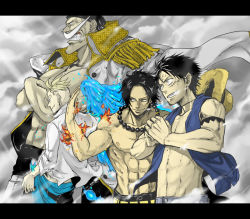  4boys abs bandana beard black_hair blonde_hair blue_fire brothers edward_newgate epaulettes epic facial_hair fiery_wings fire freckles grin hat jewelry letterboxed long_coat male_focus manly marco_(one_piece) monkey_d._luffy multiple_boys muscular mustache necklace one_piece portgas_d._ace scar short_hair siblings smile straw_hat wings xla009  rating:Sensitive score:27 user:danbooru