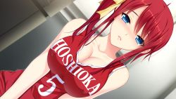  1girl akino_subaru asymmetrical_hair basketball basketball_jersey basketball_uniform blue_eyes blush breasts_squeezed_together breasts cleavage clothes_writing collarbone dutch_angle covered_erect_nipples game_cg hair_ribbon hatsukoi_1/1 highres jersey koizumi_amane large_breasts looking_at_viewer nose_blush red_hair ribbon short_hair side_ponytail solo sportswear tsukishima_kyou tsurime  rating:Questionable score:149 user:danbooru