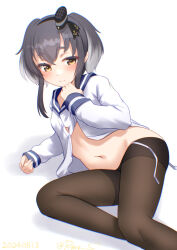  1girl black_hair black_pantyhose blue_sailor_collar blush brown_eyes dress embarrassed gradient_hair hairband hat headgear kantai_collection looking_at_viewer lowleg lowleg_pantyhose lying mini_hat multicolored_hair navel one-hour_drawing_challenge open_clothes open_shirt pantyhose ray.s sailor_collar sailor_dress seamed_legwear short_hair short_hair_with_long_locks side-seamed_legwear smokestack_hair_ornament solo tokitsukaze_(kancolle) white_background 