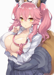10s 1girl animal_ear_fluff animal_ears arm_under_breasts bad_id bad_pixiv_id blush bow breast_hold breasts brown_eyes cleavage clothes_around_waist collarbone commentary fate/extra fate/grand_order fate_(series) fox_ears fox_girl fox_tail grey_background grey_sweater hair_between_eyes hair_bow large_breasts long_hair long_sleeves looking_at_viewer necktie official_alternate_costume open_clothes open_shirt pink_hair school_uniform shirt simple_background sweater sweater_around_waist tail tail_raised tamamo_(fate) tamamo_no_mae_(jk)_(fate) twintails white_shirt yellow_eyes yuzu-aki rating:Sensitive score:19 user:danbooru