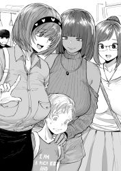 2boys 3girls :d age_difference aged_down ara_ara artist_self-insert backpack bag bare_shoulders beanie between_breasts blunt_bangs breasts child clothes_writing collared_shirt commentary cross cross_necklace dark_skin dress_shirt english_commentary facial_hair glasses greyscale hairband handbag hat hetero high_ponytail highres hime_cut index_finger_raised jewelry large_breasts looking_at_another mature_female monochrome multiple_boys multiple_girls necklace norman_maggot onee-shota open_mouth original pendant ponytail ribbed_shirt shirt short_hair short_shorts shorts skirt smile standing strap_between_breasts sweatdrop swept_bangs t-shirt tan tearing_up rating:Sensitive score:56 user:danbooru