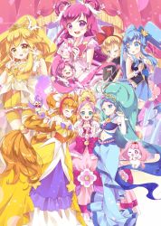 00s 10s 6+girls :d ;p amanogawa_kirara aroma_(go!_princess_precure) bare_shoulders bike_shorts bird blonde_hair blue_bow blue_dress blue_eyes blue_hair blue_skirt bow brooch brown_hair choker crown cure_dream cure_flora cure_flora_(mode_elegant) cure_mermaid cure_mermaid_(mode_elegant) cure_peace cure_peace_(princess_form) cure_princess cure_twinkle cure_twinkle_(mode_elegant) dog dokidoki!_precure double_v dress earrings finger_to_mouth flower frills gloves go!_princess_precure green_eyes grin hair_bow hair_flaps hair_rings hairband happinesscharge_precure! haruno_haruka highres jewelry kaidou_minami kise_yayoi kuune_rin long_hair low-tied_long_hair magical_girl midriff mini_crown mode_elegant_(go!_princess_precure) multicolored_hair multiple_girls navel necktie one_eye_closed open_mouth outstretched_hand pink_bow pink_dress pink_eyes pink_hair precure princess_form_(smile_precure!) puff_(go!_princess_precure) purple_eyes purple_hair quad_tails red_bow red_hair regina_(dokidoki!_precure) shining_dream shirayuki_hime shorts shorts_under_dress shorts_under_skirt sidelocks skirt smile smile_precure! star_(symbol) star_earrings strapless strapless_dress streaked_hair thigh_gap tiara tongue tongue_out twintails two-tone_hair v waist_bow white_gloves wrist_cuffs yellow_bow yellow_dress yellow_eyes yellow_shorts yellow_skirt yes!_precure_5 yes!_precure_5_gogo! yumehara_nozomi