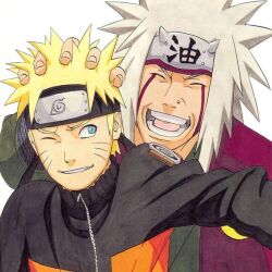 2boys black_headband blonde_hair closed_eyes forehead_protector hand_on_another&#039;s_head headband jiraiya jumpsuit konohagakure_symbol multiple_boys naruto_(series) naruto_shippuuden official_art old old_man older_man_and_younger_man one_eye_closed open_mouth spiked_hair tagme uzumaki_naruto white_background white_hair