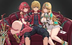  1boy 2girls absurdres aegis_sword_(xenoblade) arm_around_shoulder arm_around_waist armor ass bare_shoulders black_gloves black_shorts blonde_hair blue_eyes breasts chest_jewel cleavage cleavage_cutout clothing_cutout commentary_request commission core_crystal_(xenoblade) couch dark_background dress drop_earrings earrings elbow_gloves fingerless_gloves gloves highres hood hood_down hooded_vest hoodie in-franchise_crossover jewelry knee_pads large_breasts letter long_hair looking_at_viewer monado monado_rex multiple_girls mythra_(xenoblade) necklace nemunemu_semi nintendo on_couch pyra_(xenoblade) red_eyes red_footwear red_hair red_shorts red_thighhighs red_vest short_dress short_hair short_shorts shorts shoulder_armor shulk_(xenoblade) sitting skeb_commission smash_invitation smile super_smash_bros. swept_bangs thigh_strap thighhighs tiara two-tone_gloves vest white_dress white_footwear white_gloves xenoblade_chronicles:_future_connected xenoblade_chronicles_(series) xenoblade_chronicles_1 xenoblade_chronicles_2 yellow_eyes  rating:Sensitive score:6 user:danbooru