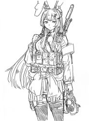  1girl alternate_costume animal_ears closed_mouth commentary_request gun holding long_hair looking_at_viewer mesuosushi military monochrome rabbit_ears rabbit_girl reisen_udongein_inaba sketch solo thighhighs touhou weapon 