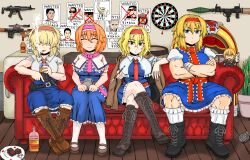  114514 4girls alcohol alice_margatroid barrel black_eyes black_footwear blonde_hair blue_dress blue_eyes blush boots breasts brown_footwear brownie_(food) capelet character_doll cigarette closed_eyes closed_mouth collared_capelet commentary_request cookie_(touhou) couch cross-laced_footwear crossed_arms crossed_legs cup dart dartboard dress explosive frilled_dress frilled_hairband frilled_necktie frilled_sash frilled_socks frills frown full_body fumo_(doll) grenade gun h&amp;k_mp5 hair_between_eyes hair_over_eyes hairband handgun hide_(acceed) highres hinase_(cookie) holding holding_cup holding_gun holding_rock holding_smoking_pipe holding_weapon indoors inmu-kun jigen_(cookie) jukebox kansai_claimer_(inmu) kirisame_marisa kiseru lace-up_boots large_breasts liquor long_bangs looking_at_viewer manatsu_no_yo_no_inmu medium_hair miura_daisenpai multiple_girls muscular muscular_female necktie open_mouth pink_hairband pink_necktie pink_sash plant plate portrait poster_(object) potted_plant puffy_short_sleeves puffy_sleeves red_hairband red_necktie red_sash rei_(cookie) revolver rifle rock rocket_launcher rpg rpg-7 rpg_(weapon) sakuranbou_(cookie) sash scope short_sleeves sitting smile smoking smoking_pipe sniper_rifle socks submachine_gun syamu_game taisa_(cookie) takuya_(acceed) touhou tsurime_suki vss_vintorez wanted weapon white_capelet white_socks wooden_floor yajuu_senpai 