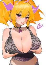  1girl blonde_hair breast_hold breasts coco_kaine crop_top dismassd earrings grey_pants hair_ribbon highres hololive jewelry large_breasts long_hair looking_at_viewer midriff mole mole_on_breast necklace pants patterned ribbon tongue tongue_out virtual_youtuber 
