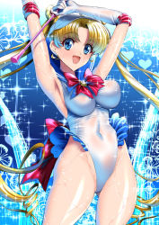  1girl adapted_costume back_bow baton bishoujo_senshi_sailor_moon blonde_hair blue_background blue_eyes blue_hat blue_sailor_collar bow commentary_request covered_navel cowboy_shot double_bun elbow_gloves gloves hair_bun hat highleg highleg_leotard impossible_clothes impossible_leotard leotard long_hair magical_girl open_mouth red_bow sailor_collar sailor_moon sailor_senshi_uniform sen_(sansui) smile solo sparkle_background standing tsukino_usagi twintails very_long_hair visor_cap wet white_gloves white_leotard  rating:Sensitive score:41 user:danbooru