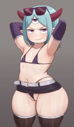  1girl absurdres armpits arms_behind_head arms_up bare_shoulders bikini bikini_under_clothes black_skirt black_thighhighs blue_hair cleft_of_venus closed_mouth collarbone cowboy_shot elbow_gloves female_focus flat_chest gloves gradient_background grey_background half-closed_eyes highres horns kyojiri_loli light_blue_hair loli looking_at_viewer lv1_maou_to_one_room_yuusha maou_(lv1_maou_to_one_room_yuusha) medium_hair micro_bikini microskirt navel partially_visible_vulva purple_bikini purple_eyes purple_gloves ribs simple_background skirt smile smug solo standing swimsuit thick_thighs thighhighs thighs third_eye triagorodri wide_hips  rating:Questionable score:181 user:DarkToonLink