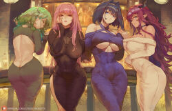 4girls antlers ass bare_back blue_dress blue_hair breasts butt_crack ceres_fauna clothing_cutout covered_abs curvy cutesexyrobutts dress green_hair half-closed_eyes highres hololive hololive_english horns huge_ass irys_(hololive) large_breasts mori_calliope multiple_girls ouro_kronii pink_hair purple_hair skin_tight thick_thighs thighs tight_clothes tight_dress underboob underboob_cutout virtual_youtuber white_dress wide_hips rating:Sensitive score:209 user:danbooru