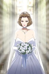  1girl alternate_costume artist_name bare_shoulders blurry blurry_background blush bouquet breasts brown_eyes brown_hair choker cleavage closed_mouth collarbone cowboy_shot dress elbow_gloves fire_emblem fire_emblem:_three_houses flower gem gloves highres holding holding_bouquet huge_breasts indoors jewelry looking_at_viewer makeup manuela_casagranda mole mole_under_eye necklace nintendo pink_lips r3dfive short_hair smile solo standing strapless strapless_dress wedding_dress white_choker white_dress white_flower  rating:Sensitive score:45 user:danbooru