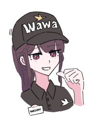 1girl baseball_cap black_baseball_cap black_hat black_shirt blunt_bangs braid character_name collared_shirt commentary english_commentary girls&#039;_frontline hand_up hat head_tilt long_hair maplenecktele name_connection name_tag open_mouth parted_bangs ponytail purple_eyes purple_hair shirt sidelocks simple_background single_braid smile solo teeth wa2000_(girls&#039;_frontline) wawa white_background 