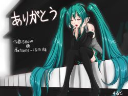  1girl aqua_hair closed_eyes detached_sleeves hatsune_miku head_rest headset instrument long_hair mini_person minigirl necktie open_mouth piano sitting skirt solo soruto thighhighs twintails very_long_hair vocaloid 