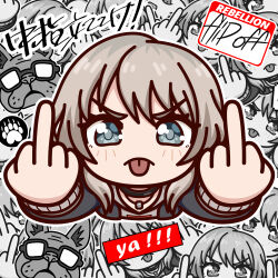  1girl :p absurdres arms_up black_choker black_jacket bulldog choker commentary deformed double_middle_finger english_commentary english_text from_above girls_band_cry grey_eyes grey_hoodie highres hood hoodie jacket jewelry kawaragi_momoka long_hair looking_at_viewer middle_finger mixed-language_text necklace noredji outline solo thick_outlines tongue tongue_out v-shaped_eyebrows white_outline 