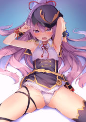  1girl :o absurdres arm_up armpits ass bare_arms black_thighhighs blush bracelet cameltoe collared_dress commentary_request crotch_seam dress epaulettes fang floating_hair gradient_background groin hair_between_eyes hair_ribbon has_bad_revision has_downscaled_revision hat highres jewelry kedama_milk long_hair looking_at_viewer md5_mismatch oda_nobuhime oda_nobuhime_(channel) open_mouth panties peaked_cap ponytail purple_eyes purple_hair purple_hat red_neckwear red_ribbon resolution_mismatch ribbon saliva short_dress single_thighhigh skindentation sleeveless sleeveless_dress solo source_smaller spread_legs sweat tears thighhighs thighs underbust underwear v-shaped_eyebrows very_long_hair virtual_youtuber white_panties  rating:Questionable score:39 user:danbooru