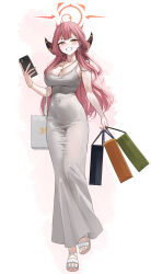  1girl aru_(blue_archive) bag bare_arms bare_shoulders black_bag blue_archive blush bracelet breasts cellphone collarbone covered_navel dress full_body green_bag halo highres holding holding_bag holding_phone horns jewelry k_pring large_breasts long_hair looking_at_viewer necklace orange_bag orange_eyes phone pink_hair red_halo smartphone smile solo white_bag white_dress 