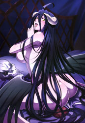  1girl absurdres ahoge ainz_ooal_gown albedo_(overlord) ass black_hair black_wings blush breasts completely_nude dakimakura_(object) demon_horns female_focus hair_between_eyes highres horns large_breasts long_hair looking_back low_wings non-web_source nude nyantype official_art open_mouth overlord_(maruyama) pillow sitting smile solo straddling topless very_long_hair wings yellow_eyes  rating:Questionable score:163 user:arutos