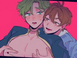  2boys bare_pectorals black_shirt blue_jacket blush brown_eyes brown_hair chinese_commentary collared_shirt commentary_request couple cross eiden_(nu_carnival) gold_trim green_eyes green_hair hair_between_eyes hands_on_another&#039;s_chest hands_up highres jacket looking_at_another lower_teeth_only male_focus multiple_boys nu_carnival olivine_(nu_carnival) oooyinghu open_clothes open_mouth open_shirt parted_bangs pectoral_grab pectorals red_background shirt short_hair sweat sweatdrop teeth upper_body yaoi zipper 