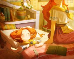  2girls book bookmark child closed_eyes cremia dress head_wreath highres indoors long_hair lying multiple_girls neckerchief nintendo nshi on_back on_bed orange_hair parted_lips pillow pink_dress plant potted_plant romani_(zelda) shirt short_sleeves siblings sisters sleeping stuffed_animal stuffed_toy sunlight the_legend_of_zelda the_legend_of_zelda:_majora&#039;s_mask under_covers white_shirt yellow_neckerchief 
