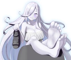  1girl barefoot blush colored_skin feet grey_eyes grin hair_over_one_eye highres holding holding_shoes kantai_collection long_hair looking_at_viewer shoes unworn_shoes silver_hair single_shoe smile soles submarine_princess teaaaaa511 toes white_skin 