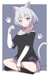  1girl animal_ears bang_dream! bang_dream!_it&#039;s_mygo!!!!! black_footwear black_shirt blue_bow blue_eyes border bow cat_ears cat_girl cat_tail closed_mouth collarbone commentary heterochromia highres kaname_raana kemonomimi_mode layered_sleeves long_sleeves looking_at_viewer medium_hair off_shoulder paw_print paw_print_background shadow shirt short_over_long_sleeves short_sleeves sitting sleeves_past_wrists solo tail white_border white_hair white_shirt wolf_cut yellow_eyes zhong_xiansheng 