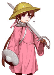  1girl adapted_costume armor armor_under_clothes breastplate brown_hair buckler closed_mouth dress feet_out_of_frame glaring hat helmet highres holding holding_shield holding_sword holding_weapon long_hair long_sleeves looking_at_viewer low_twintails namae_(koubutunado) off-shoulder_dress off_shoulder over_shoulder pink_dress purple_eyes saber_(weapon) school_hat shield simple_background solo standing sword tongue tongue_out tsukuyomi_ai twintails voiceroid weapon weapon_over_shoulder 