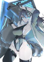  1girl armpits beya7771 black_gloves blue_eyes blue_hair breasts cape curvy cyborg dark_blue_hair gloves horns large_breasts original pale_skin robe robot solo swimsuit tagme tall_female thighhighs weapon  rating:Sensitive score:9 user:EyeViewer