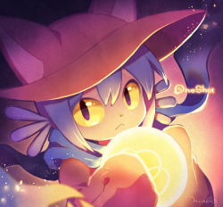  1other :&lt; animal_ears cat_ears copyright_name furry glowing hat holding light_bulb looking_at_viewer niko_(oneshot) oneshot_(game) purple_hair shimabo sleeves_past_wrists solo yellow_eyes 