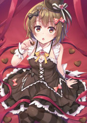  1girl artist_name artist_request back_bow bare_shoulders black_bow black_dress black_hat black_legwear black_skirt blush bow bowtie breasts brown_hair candy chocolate chocolate_heart cleavage collarbone cross-laced_clothes cross-laced_dress double_horizontal_stripe dress dress_bow female_focus food frilled_cuffs frilled_dress frilled_shirt_collar frilled_skirt frills grey_hair hat hat_bow hat_ribbon heart heart_(symbol) highres holding holding_chocolate holding_food light_brown_hair looking_at_viewer love_live! love_live!_nijigasaki_high_school_idol_club medium_breasts mini_hat mini_top_hat miniskirt nakasu_kasumi parted_lips pink_bow plaid plaid_dress plaid_skirt pleated pleated_dress pleated_skirt red_eyes ribbon short_hair sitting skirt sleeveless sleeveless_dress smile solo striped_bow striped_legwear top_hat valentine white_bow white_wrist_cuffs wing_collar wrist_cuffs yellow_bow  rating:Sensitive score:3 user:RaptorQ64