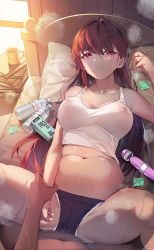 1boy 1girl bad_id bad_twitter_id bed blush book book_stack bottle breasts cleavage coffee_mug condom_box covered_erect_nipples cup damda fate/grand_order fate_(series) hair_intakes highres imminent_penetration indoors large_breasts long_hair looking_at_viewer mug navel paid_reward_available pillow purple_hair red_eyes scathach_(fate) see-through sex_toy shorts solo_focus spread_legs sweat tank_top vibrator water_bottle window rating:Questionable score:162 user:danbooru