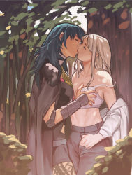 2girls against_tree arm_guards bra grabbing_another&#039;s_breast breasts byleth_(female)_(fire_emblem) byleth_(fire_emblem) cleavage closed_eyes collarbone edelgard_von_hresvelg fire_emblem fire_emblem:_three_houses grabbing green_hair highres kiss long_hair multiple_girls nintendo off-shoulder_shirt off_shoulder pantyhose plant radiostarkiller shade shirt silver_hair stomach strap_slip toned tree underwear undressing yuri rating:Questionable score:71 user:danbooru