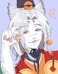 1boy animal black_hat claws colored_tongue drawfag earrings ebisu_(onmyoji) facial_mark fangs furry furry_male hair_bobbles hair_ornament hat highres holding japanese_clothes jewelry looking_at_viewer male_focus nostrils onmyoji orange_eyes orange_tongue pawpads portrait purple_background sparkle whisker_markings 