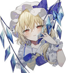  1girl ascot blonde_hair blue_vest blush collared_shirt commentary crystal english_commentary flandre_scarlet frilled_shirt_collar frills hair_between_eyes hat highres long_hair looking_at_viewer mob_cap open_mouth red_eyes shirt short_sleeves simple_background solo sorani_(kaeru0768) touhou upper_body vest white_background white_hat white_shirt wings wrist_cuffs yellow_ascot 