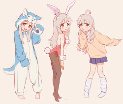 1girl :d ahoge animal_costume animal_ear_hairband animal_ears animal_hands bare_arms bare_legs barefoot black_pantyhose blue_skirt carrot chinese_commentary commentary_request fake_animal_ears full_body gloves grey_hair gyaru hairband highres index_finger_raised kneehighs kogal leotard light_blush long_hair long_sleeves loose_socks miniskirt multicolored_hair multiple_views no_shoes onesie onii-chan_wa_oshimai! open_mouth oyama_mahiro pantyhose paw_gloves paw_pose pink_hair playboy_bunny rabbit_ears rabbit_tail simple_background skirt smile socks sweater tail two-tone_hair white_socks wolf_costume wrist_cuffs yellow_eyes yellow_sweater ziyan_yi 