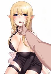 1girl arm_support bdsm between_legs black_dress blonde_hair blue_eyes blush bound_ankles chain dress elf empty_eyes hand_between_legs hand_on_another&#039;s_chin hand_on_own_chin kfr leash long_hair open_mouth original pointy_ears ponytail simple_background slave solo solo_focus thigh_strap white_background rating:Sensitive score:49 user:danbooru