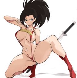  1girl alternate_costume ass asymmetrical_bangs bare_shoulders bikini black_hair boku_no_hero_academia boots breasts carlosgravy cleavage cleft_of_venus collarbone female_focus full_body hourglass kneeling large_breasts long_hair looking_to_the_side mole mole_under_eye navel rakeemspoon simple_background slingshot_swimsuit solo solo_focus superhero_landing swimsuit sword thick_thighs thighs underboob v weapon white_background wide_hips yaoyorozu_momo 