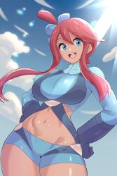  1girl aqua_jacket blue_eyes breasts creatures_(company) curvy game_freak gloves hair_between_eyes hair_ornament hand_up hands_on_own_hips jacket large_breasts looking_at_viewer midriff mrrollingcircle navel nintendo open_mouth pokemon pokemon_bw red_hair shorts skyla_(pokemon) smile solo teeth thick_thighs thighs toned tongue upper_teeth_only white_background wide_hips 