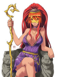  1girl bare_legs barefoot breasts choker circe_(mythology) cleavage crossed_legs dress eudetenis fate/stay_night fate_(series) female_focus greek_mythology highres large_breasts long_hair original ponytail red_eyes red_hair simple_background sitting sleeveless sleeveless_dress solo staff throne veil  rating:Sensitive score:29 user:Paladine